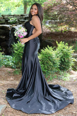 Red Spaghetti Straps Mermaid Satin Long Prom Dress with Slit