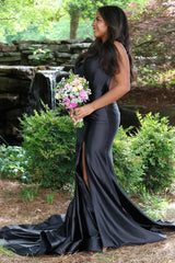 Red Spaghetti Straps Mermaid Satin Long Prom Dress with Slit