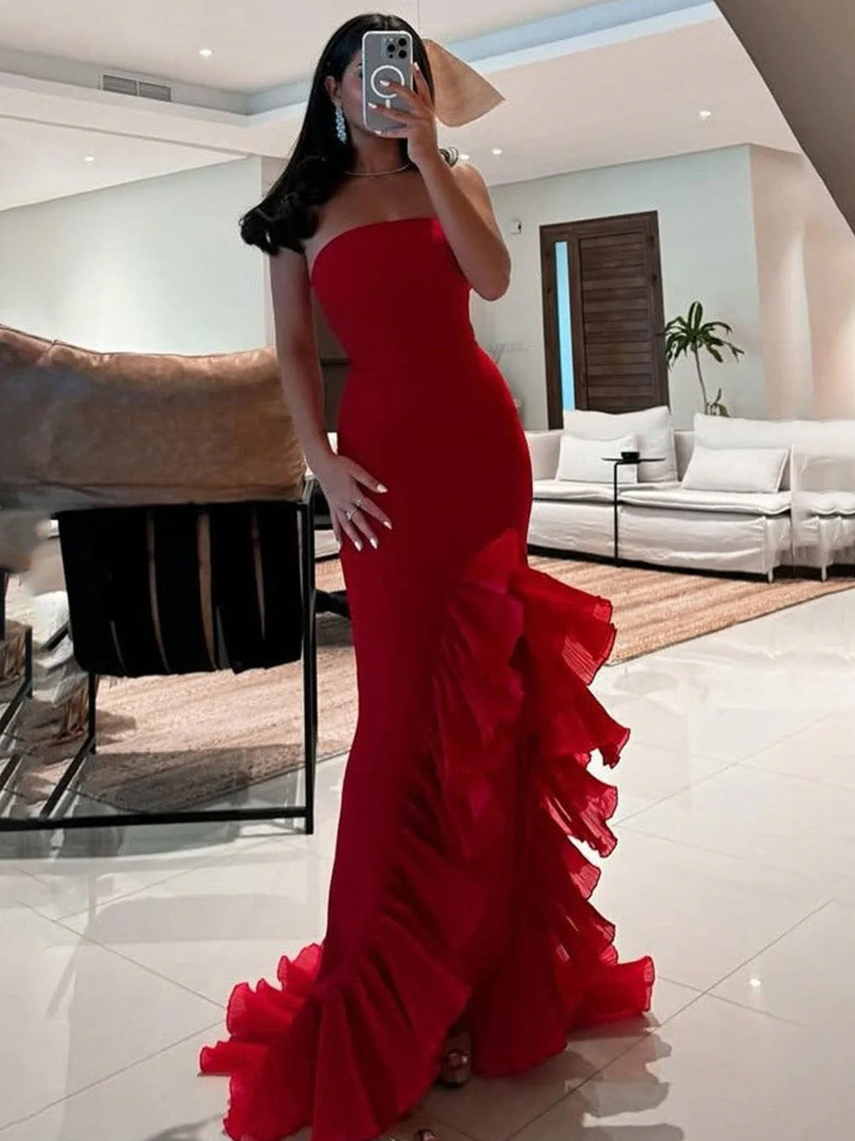 Red Strapless Mermaid Long Prom Dress with Ruffles