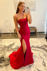 Red Strapless Mermaid Satin Long prom Dress