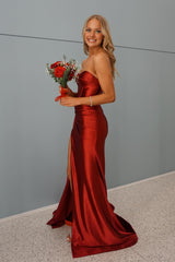 Red Sweetheart Mermaid Satin Long Prom Dress with Slit