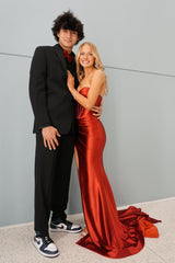 Red Sweetheart Mermaid Satin Long Prom Dress with Slit