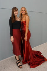 Red Sweetheart Mermaid Satin Long Prom Dress with Slit