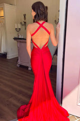 Red V-Neck Satin Mermaid Long Prom Dress with Sleeveless