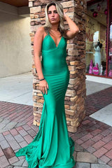 Red V-Neck Satin Mermaid Long Prom Dress with Sleeveless