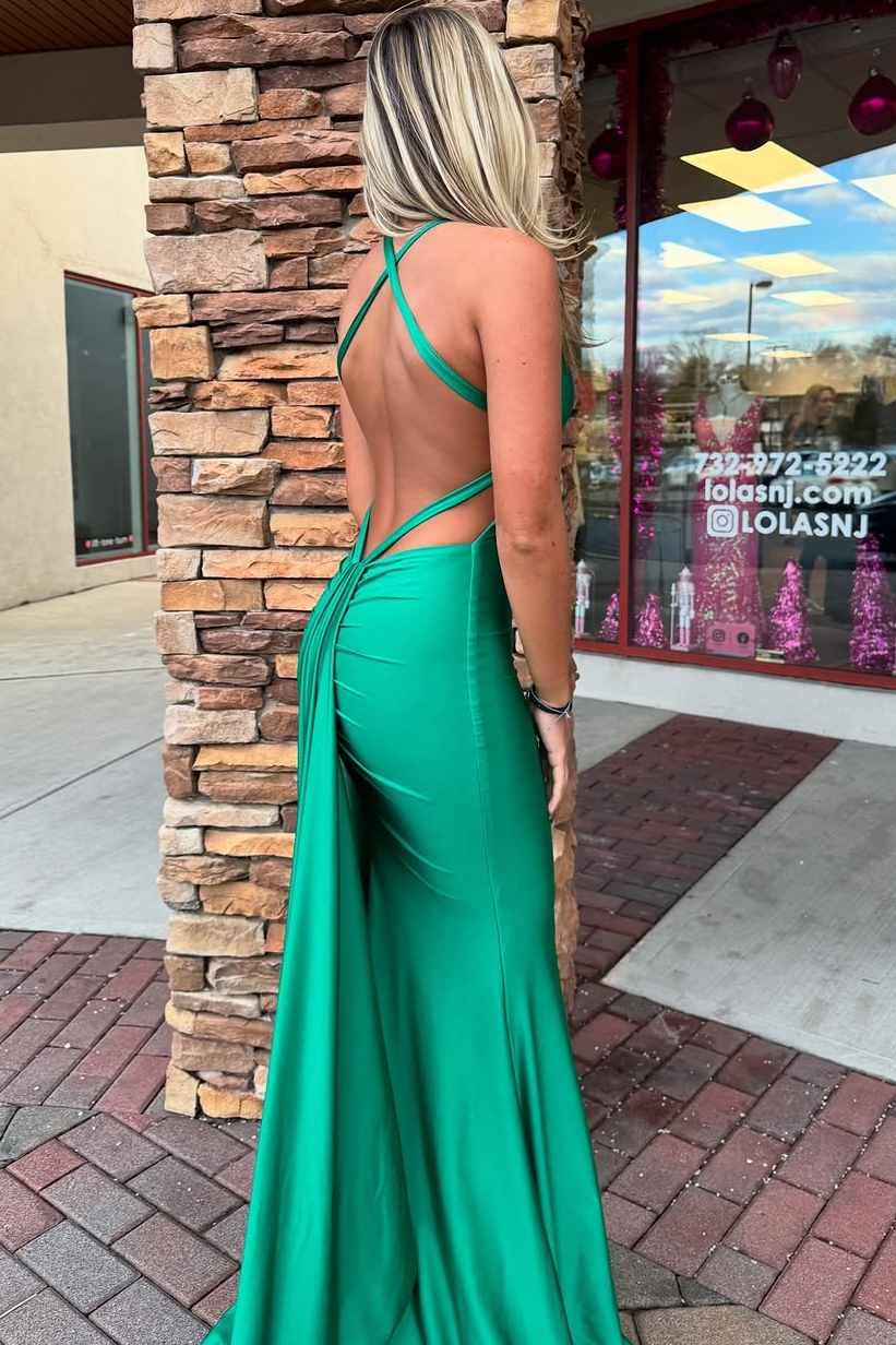 Red V-Neck Satin Mermaid Long Prom Dress with Sleeveless