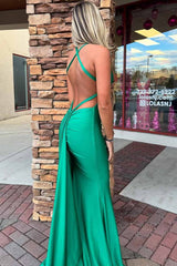 Red V-Neck Satin Mermaid Long Prom Dress with Sleeveless