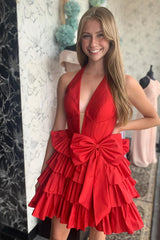 Red Classic Tiered Halter A-Line Homecoming Dress with Bow
