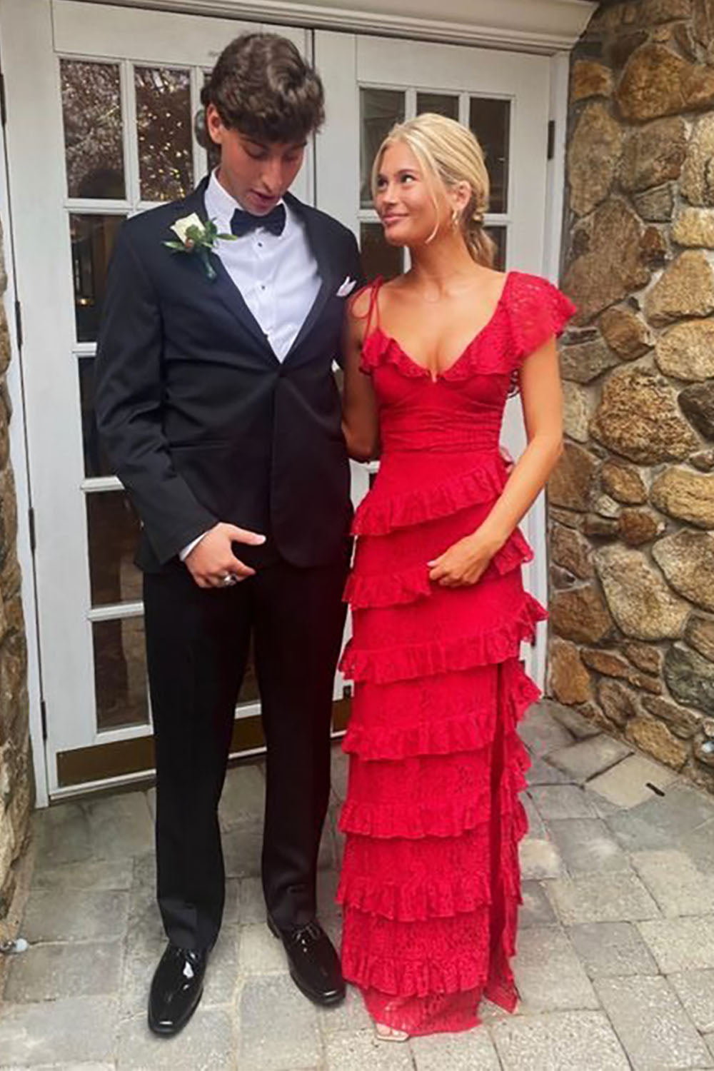 Red Ruffled Sheath Long Prom Dress with Slit