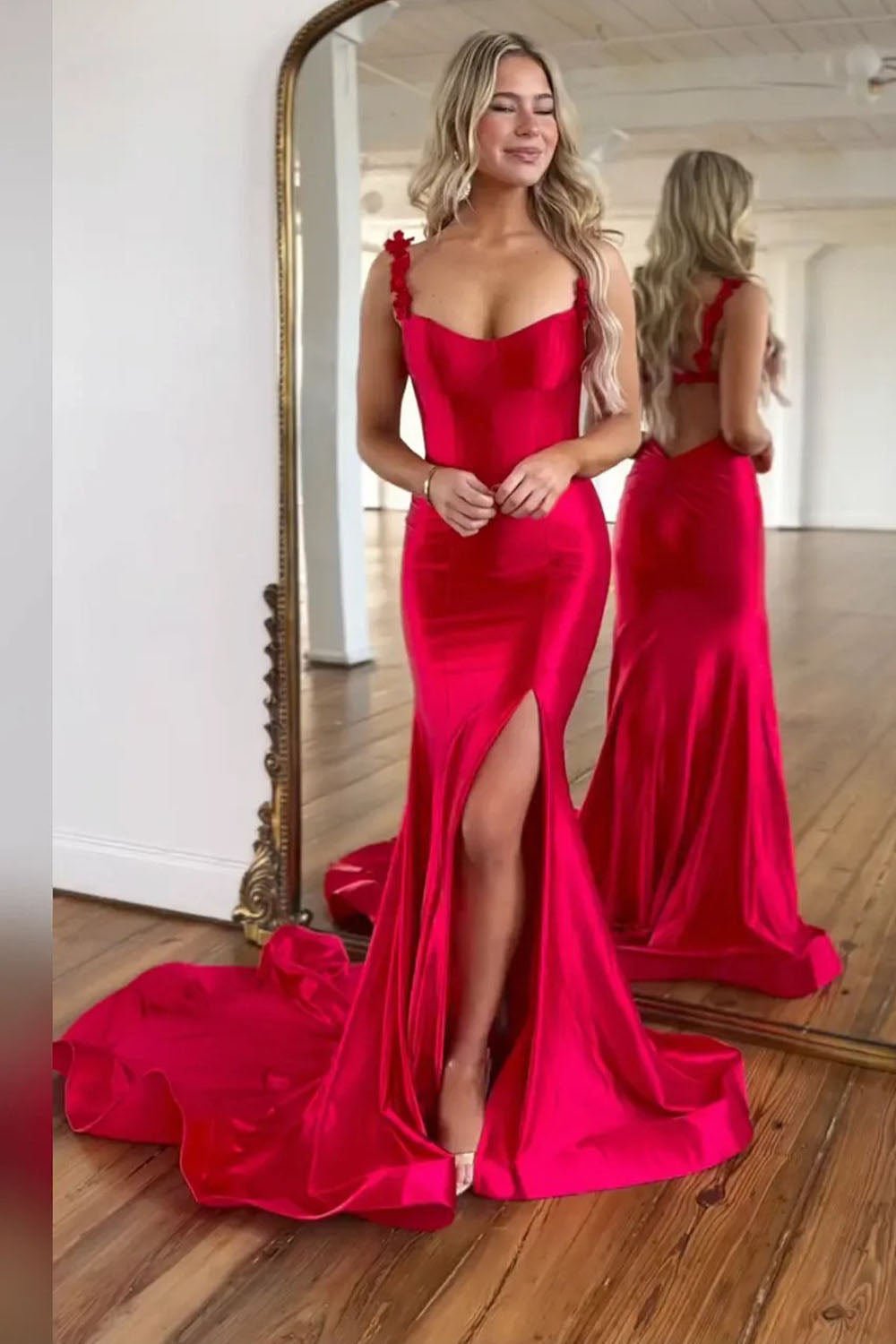 Red Spaghetti Straps Mermaid Satin Long Prom Dress with Slit
