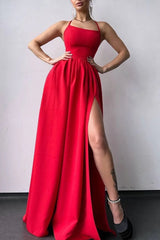 Royal Blue Satin Spaghetti Straps A-Line Long Prom Dress