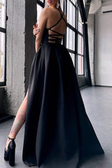 Royal Blue Satin Spaghetti Straps A-Line Long Prom Dress