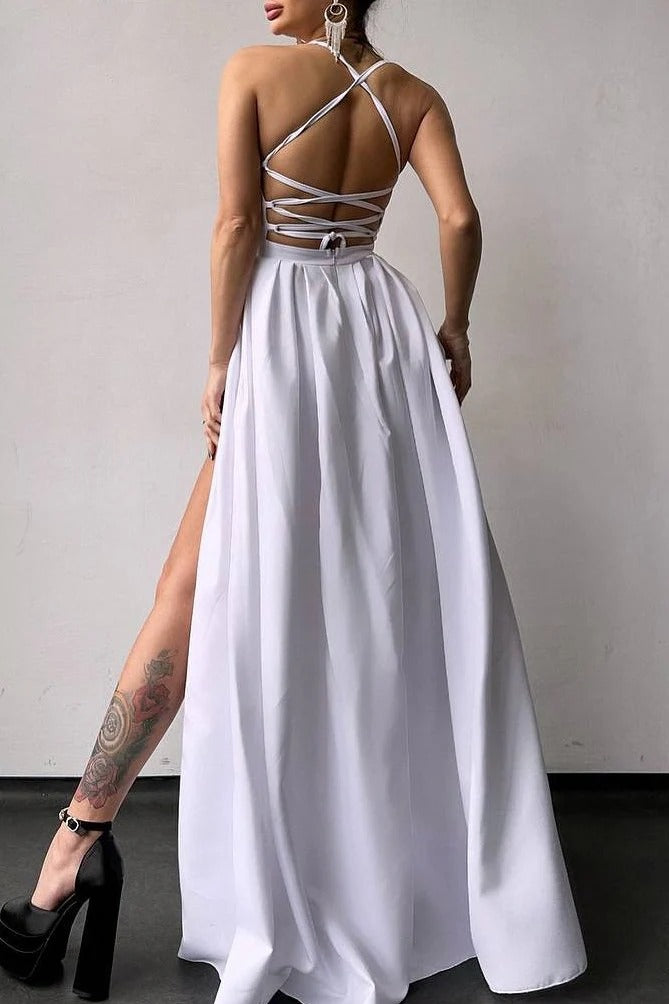 Royal Blue Satin Spaghetti Straps A-Line Long Prom Dress