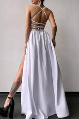 Royal Blue Satin Spaghetti Straps A-Line Long Prom Dress