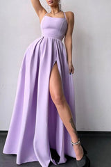 Royal Blue Satin Spaghetti Straps A-Line Long Prom Dress