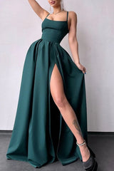 Royal Blue Satin Spaghetti Straps A-Line Long Prom Dress