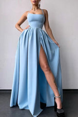 Royal Blue Satin Spaghetti Straps A-Line Long Prom Dress
