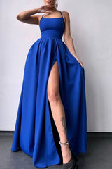 Royal Blue Satin Spaghetti Straps A-Line Long Prom Dress