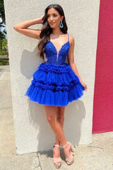 Royal Blue Applique A-Line Ruffle Homecoming Dress