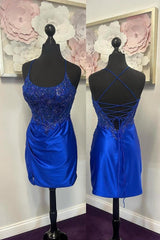Royal Blue Bodycon Spaghetti Straps Satin Homecoming Dress with Appliques