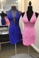Royal Blue Halter Mermaid Short Homecoming Dress with Appliques