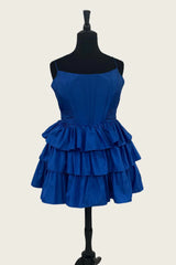Royal Blue Tiered Spaghetti Straps A-Line Sleeveless Short Homecoming Dress
