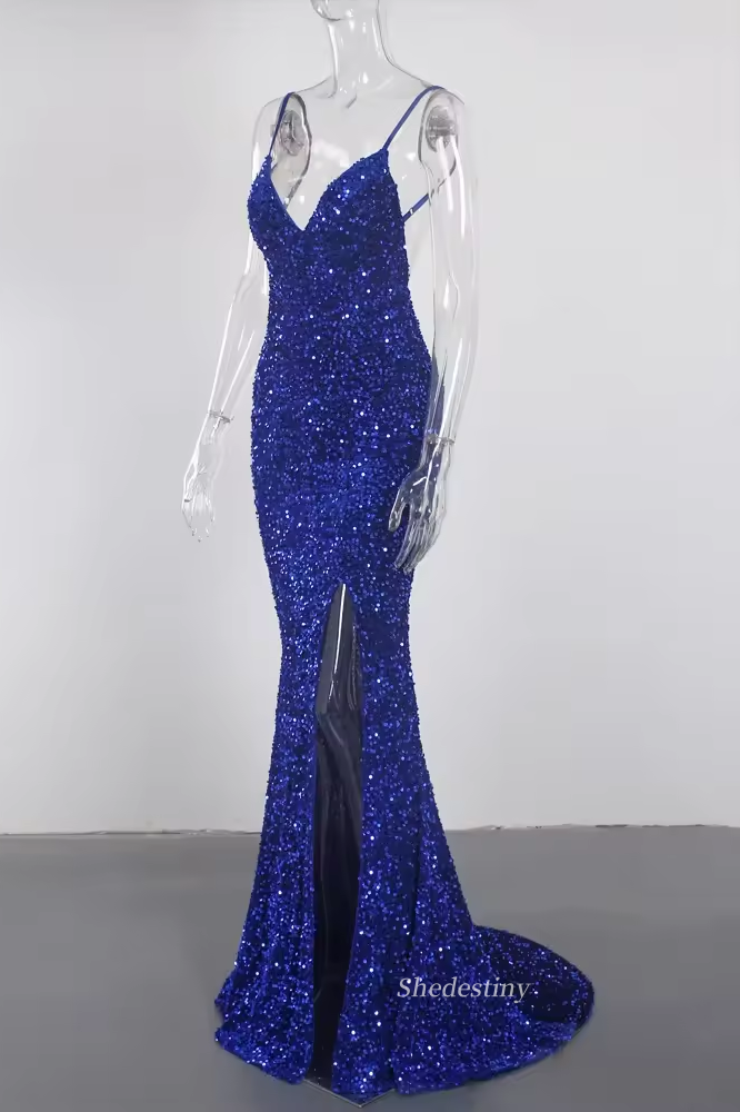 Royal Blue Sequins V-Neck Mermaid Long Prom Dress with Slit