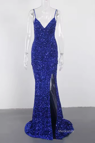 Royal Blue Sequins V-Neck Mermaid Long Prom Dress with Slit