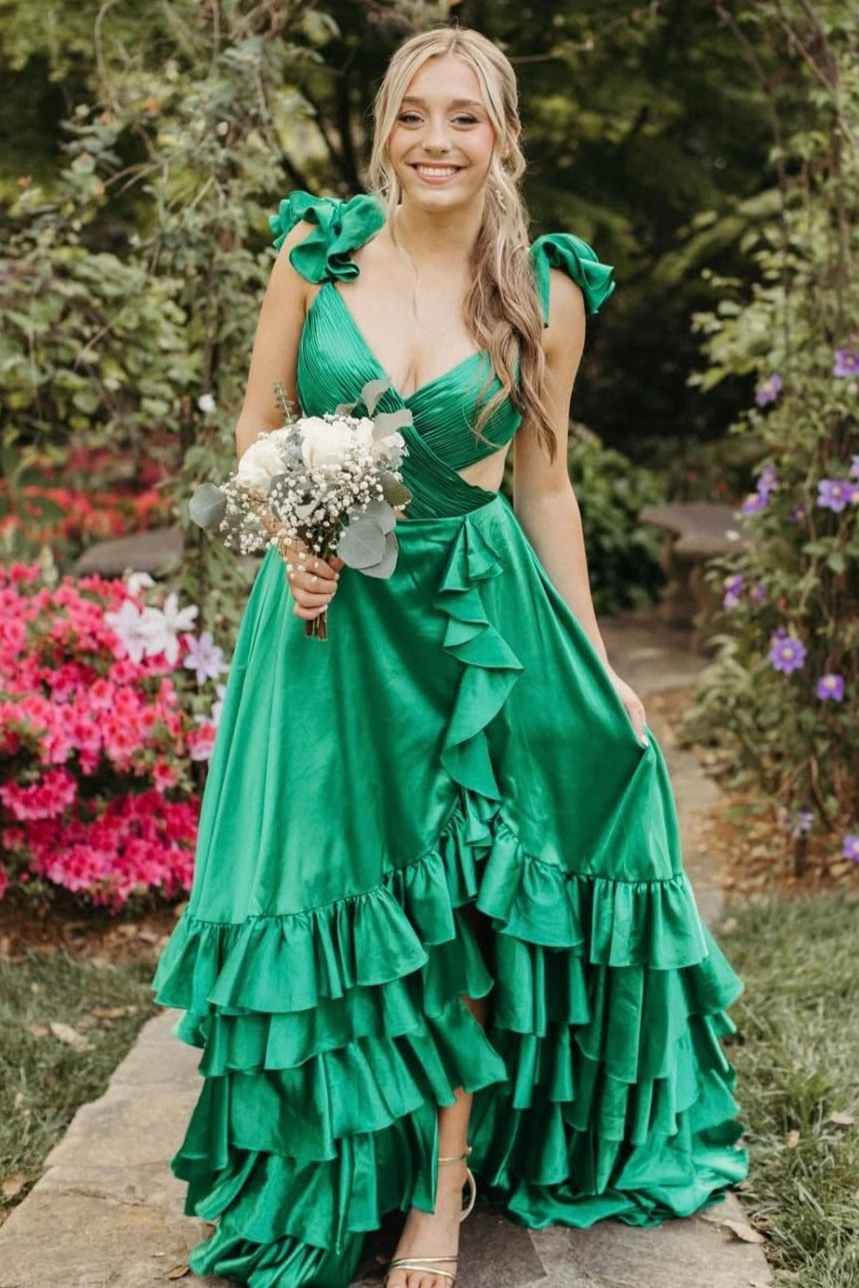 Ruffle A-Line V Neck Green Satin Prom Dress with Slit