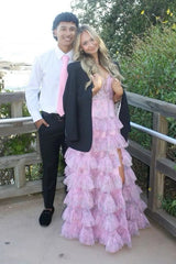 Floral Print  V-Neck Tiered A-Line Prom Dress with Slit
