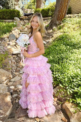 Floral Print V-Neck Tiered A-Line Prom Dress with Slit