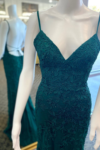 Navy Blue Floral Lace Backless Mermaid Long Prom Dress