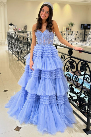 Red Tulle Sweetheart Tiered Long Prom Dress with Ruffles