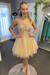 Nude Rose Tulle Appliques A-Line Homecoming Dress