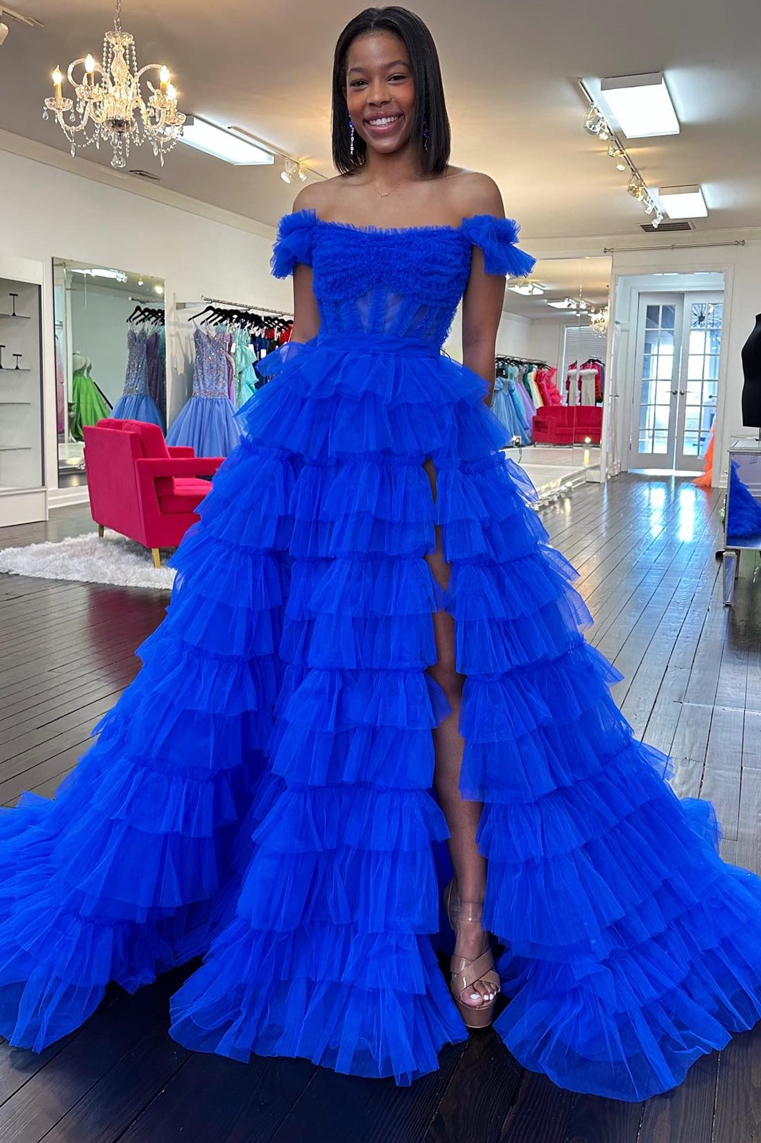 Light Blue Tulle Off-the-Shoulder Long Gown with Ruffles