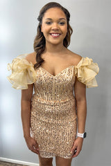 Sequin Off-the-Shoulder Short Dress in champagne