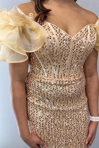 Sequin Off-the-Shoulder Short Dress in champagne