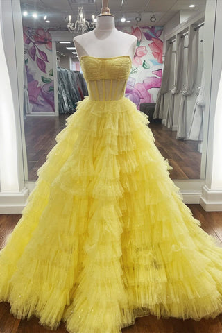 Gold Tulle Sequin Strapless Ruffle Tiered Long Prom Dress