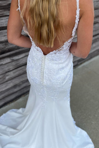 White Appliques Open Back Mermaid Long Bridal Gown