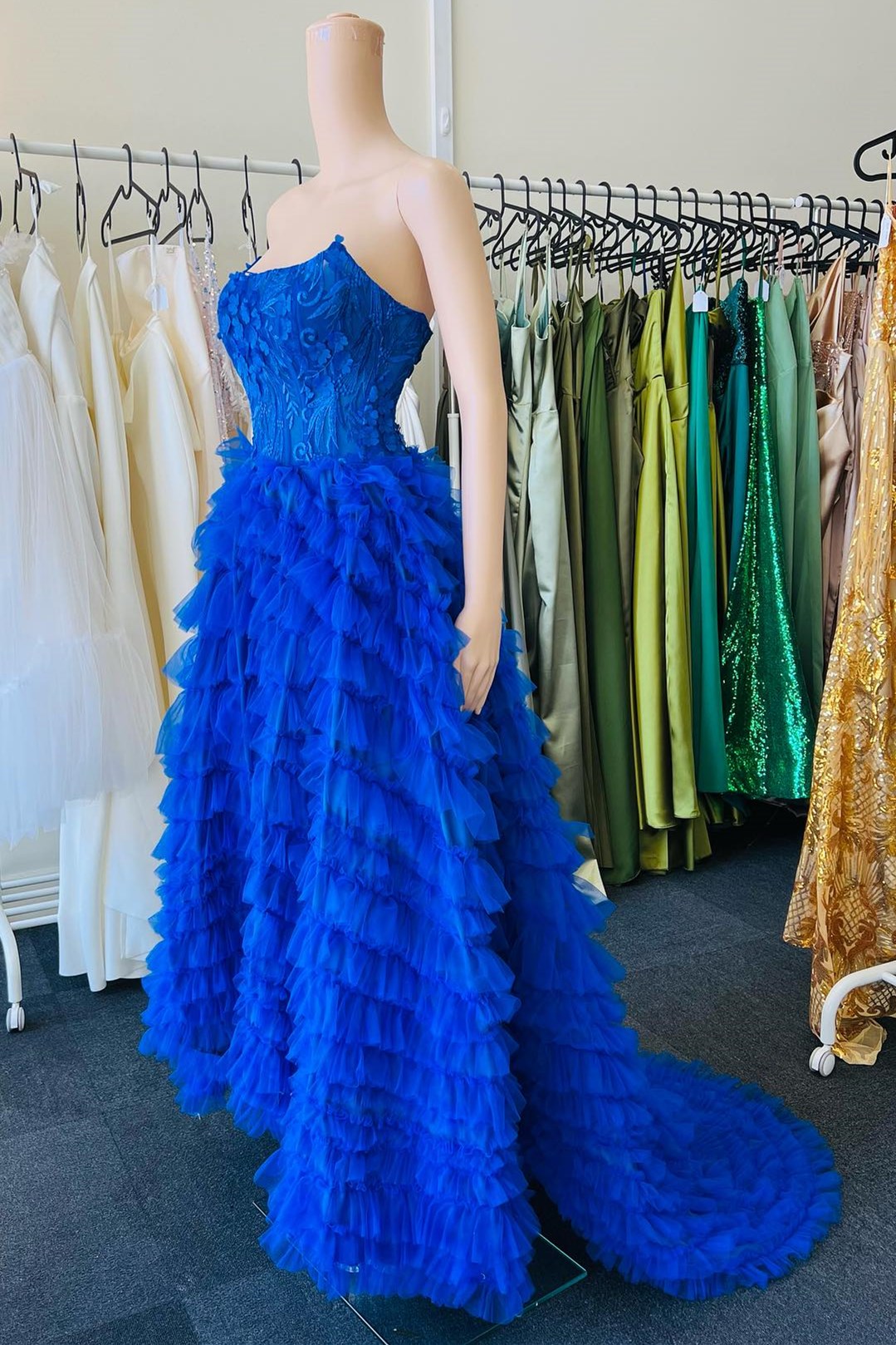 Royal Blue Strapless Floral Lace Ruffle Tiered Long Prom Dress