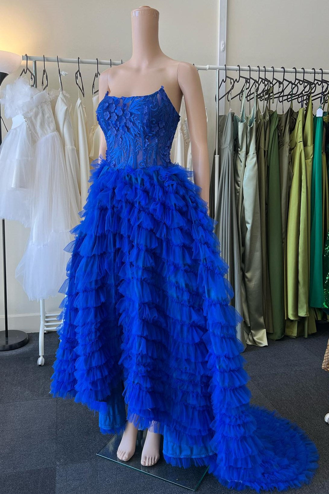 Royal Blue Strapless Floral Lace Ruffle Tiered Long Prom Dress