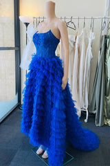 Royal Blue Strapless Floral Lace Ruffle Tiered Long Prom Dress