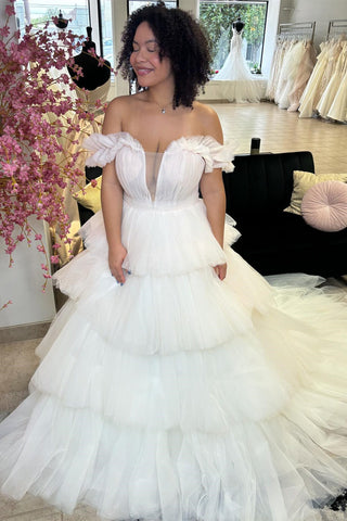 White Off-the-Shoulder Ruffle Tiered Long Wedding Dress