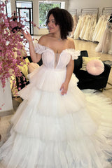 White Off-the-Shoulder Ruffle Tiered Long Wedding Dress