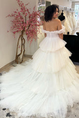 White Off-the-Shoulder Ruffle Tiered Long Wedding Dress