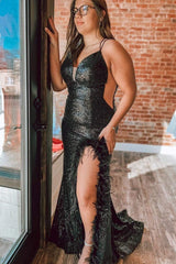 Black Sequin Sheer Mesh V-Neck Long Formal Dress with Feathers