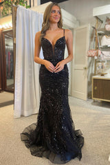 Black Sequin Lace Spaghetti Strap Trumpet Long Gown