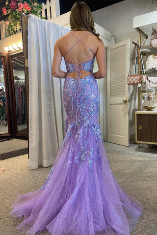 Lavender Sequin Appliques Scoop Neck Long Formal Dress with Slit