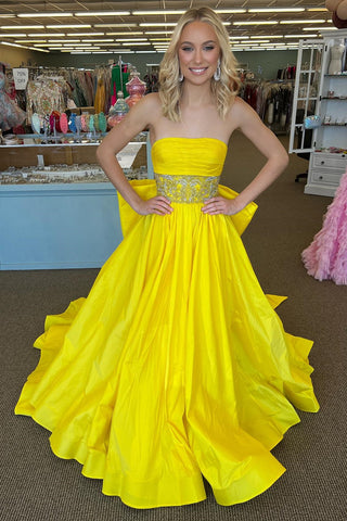 Yellow Strapless Beaded Waist Bow Back Long Gown