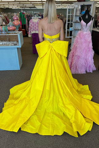 Yellow Strapless Beaded Waist Bow Back Long Gown